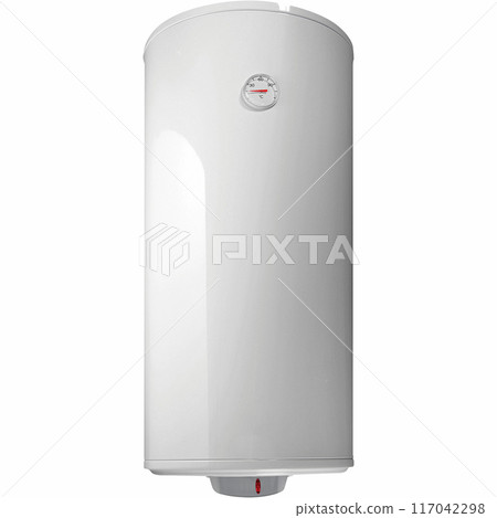 Big modern tanked combination boiler. Large regular household budget water heater. Common electric storage tank water heater. Conventional Energy-efficient home heating system on white background 117042298