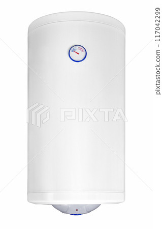 Big modern tanked combination boiler. Large regular household budget water heater. Common electric storage tank water heater. Conventional Energy-efficient home heating system on white background 117042299