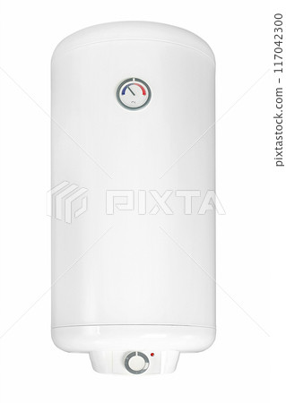 Big modern tanked combination boiler. Large regular household budget water heater. Common electric storage tank water heater. Conventional Energy-efficient home heating system on white background 117042300