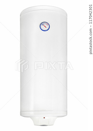 Big modern tanked combination boiler. Large regular household budget water heater. Common electric storage tank water heater. Conventional Energy-efficient home heating system on white background 117042301