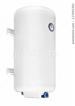 Big modern tanked combination boiler. Large regular household budget water heater. Common electric storage tank water heater. Conventional Energy-efficient home heating system on white background 117042302