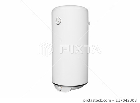 Big modern tanked combination boiler. Large regular household budget water heater. Common electric storage tank water heater. Conventional Energy-efficient home heating system on white background 117042308