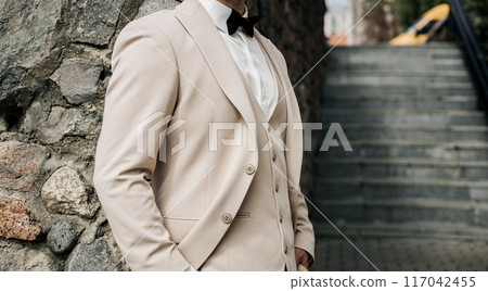Groom with bow tie and elegant suit Groom with bow tie and elegant suit 117042455