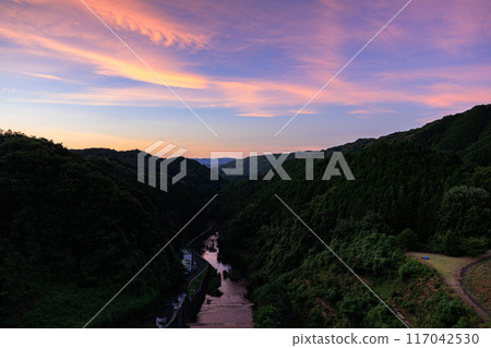 Scenery of Nunome Dam on the eastern edge of Nara City. Evening sky on the valley side and Nunome River. Fixed tripod interval photography from before sunset to the night sky #88 Scenery of Nunome Dam on the eastern edge of Nara City. Evening sky on the valley side and Nunome River. Fixed tripod interval photography from before sunset to the night sky #88 117042530