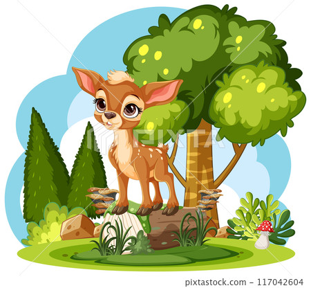Cute Fawn in Forest Scene 117042604