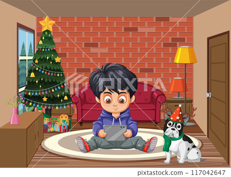 Boy with Tablet and Dog 117042647