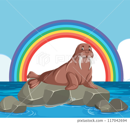 Walrus on Rock with Rainbow 117042694
