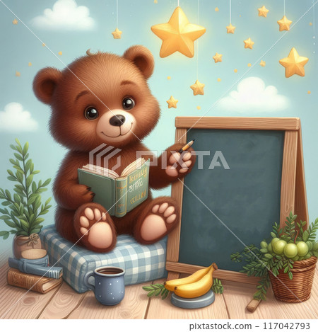 A little bear sits on a pillow on the floor with a book. There is a dark green board for inscriptions nearby. High quality illustration A little bear sits on a pillow on the floor with a book. There is a dark green board for inscriptions nearby. High quality illustration 117042793