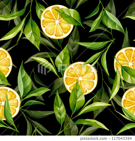 Seamless pattern with tea leaves and lemon fruit. Floral background Seamless pattern with tea leaves and lemon fruit. Floral background 117043394