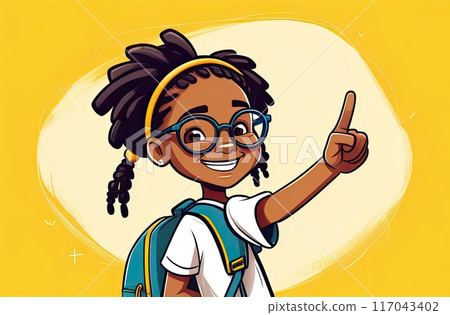 Portrait of a dark-skinned schoolgirl with glasses, dreadlocks on a yellow background, with a backpack. Back to school, correction of pupil eyesight. AI generated 117043402