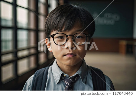Portrait of a Asian schoolboy with glasses in the classroom. Back to school, correction of pupil eyesight. AI generated 117043440