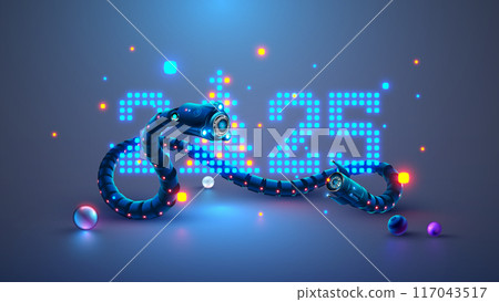 Robot snake with AI wrapped around number of new year 2025. Christmas and new year greeting card with robot snake, digits 2025 in digital computers electronics technology style. China zodiac snake. 117043517