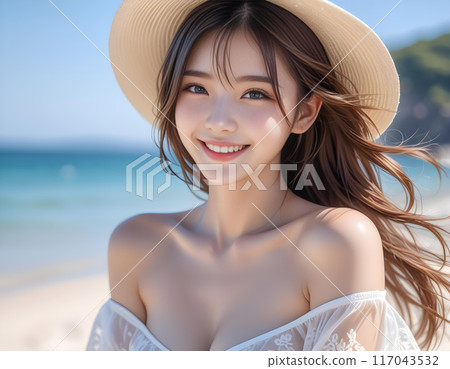 美麗的大海中穿著白色比基尼的微笑可愛女孩的肖像 AI 生成 117043532