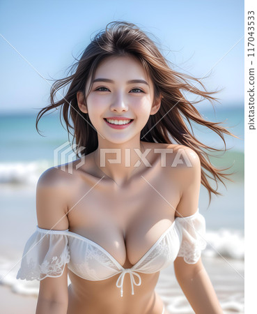 Portrait of a smiling cute girl wearing a white bikini in a beautiful sea. AI generated 117043533