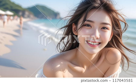 Portrait of a smiling cute girl wearing a white bikini in a beautiful sea. AI generated 117043581
