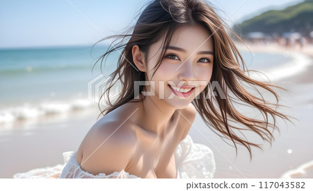 Portrait of a smiling cute girl wearing a white bikini in a beautiful sea. AI generated 117043582