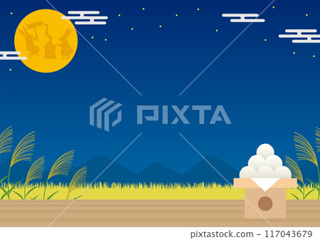 月亮背景與兔子、賞月餃子和蒲葦,靈感來自賞月_水平 月亮背景與兔子、賞月餃子和蒲葦,靈感來自賞月_水平 117043679