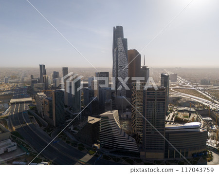 Drone view of KAFD in the morning haze Saudi Arabia Riyadh 117043759