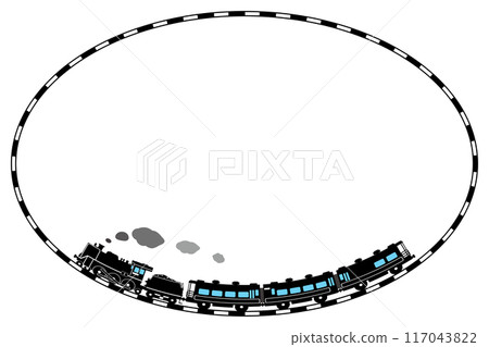 Toy-style silhouette illustration of SL C57 and Salon Car Naniwa, elliptical frame of railroad tracks, light blue window 117043822