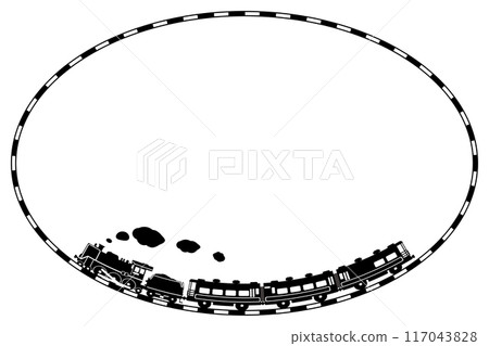 Toy-style silhouette illustration of SL C57 and Salon Car Naniwa, elliptical frame of railroad tracks 117043828