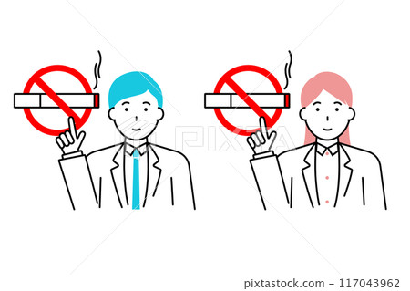 Illustration of a male and female doctor pointing at a no smoking sign Illustration of a male and female doctor pointing at a no smoking sign 117043962