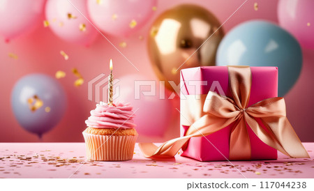 Birthday present, birthday cake and balloons, pink 117044238