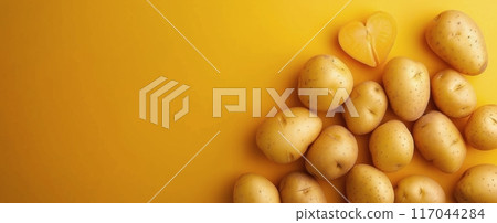 Heart-Shaped Yellow Potato Arrangement on Yellow Background 117044284