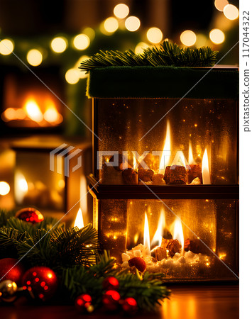 Cozy Christmas gifts closeup artificial light. 117044322