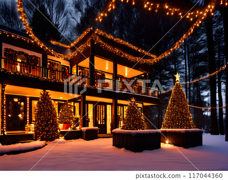 Cozy Christmas house dark POV atmospheric. 117044360