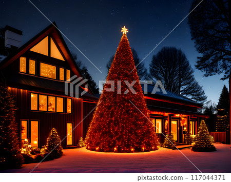 Cozy Christmas house dark POV atmospheric. 117044371
