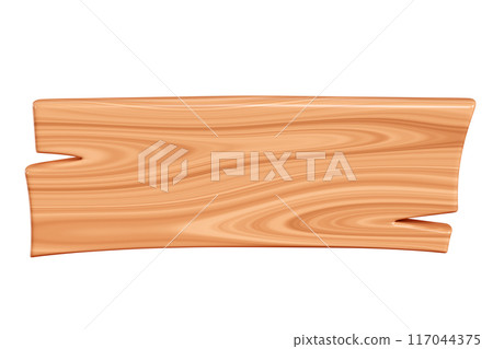 Wooden rectangular plaque with cracks for text box. Cartoon 3d render illustration of signboard with brown wood texture. Vintage rustic timber plank, nameplate or board frame with fracture. 117044375