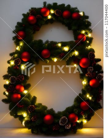 Cozy wreath long shot artificial light Christmas. 117044400