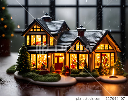 Cozy ceramic house candle long shot rain 117044407