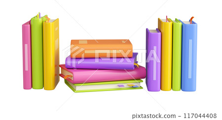 Stack of paper standing and lying books with bright hardcover and bookmarks. Cartoon 3d render illustration of literature pile for read and education design. Stacked textbook for store or library. 117044408