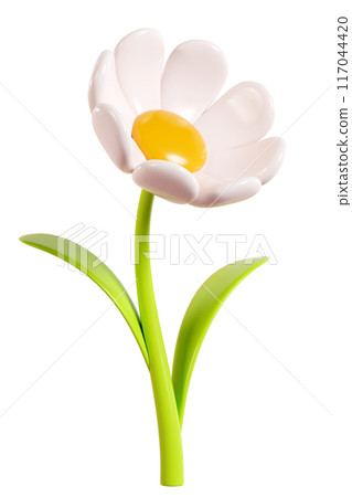 Daisy plastic flower with white petals, green stem and leaf. Cartoon icon 3d render illustration. Cute chamomile bubble bloom for spring and summer design. Glossy balloon blossom floral element. Daisy plastic flower with white petals, green stem and leaf. Cartoon icon 3d render illustration. Cute chamomile bubble bloom for spring and summer design. Glossy balloon blossom floral element. 117044420