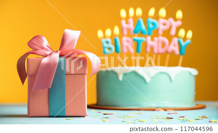Birthday present and birthday cake colorful 117044596