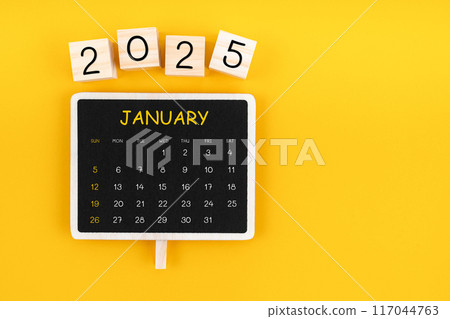 Calendar for January 2025 in black chalkboard with copy space. Calendar for January 2025 in black chalkboard with copy space. 117044763