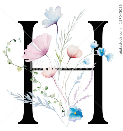 Black letter H with Watercolor pastel tender wild flowers and leaves, wedding isolated illustration Black letter H with Watercolor pastel tender wild flowers and leaves, wedding isolated illustration 117045026