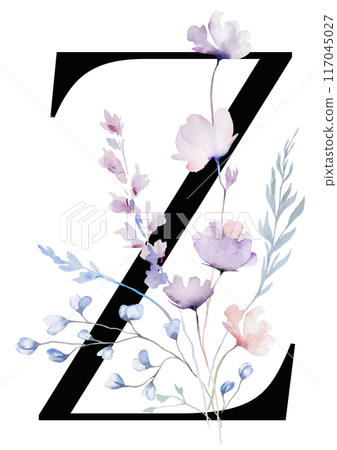 Black letter Z with Watercolor pastel tender wild flowers and leaves, wedding isolated illustration 117045027