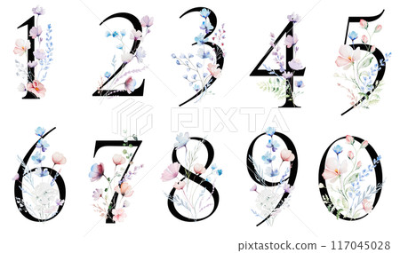 Black numbers with Watercolor pastel wild flowers and leaves, wedding isolated illustration 117045028