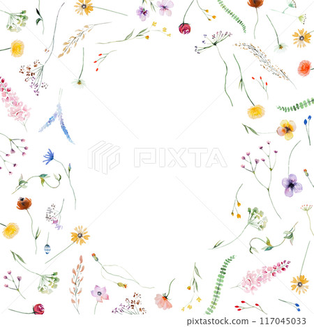 Oval frame made of watercolor wild flowers and leaves, wedding and greeting illustration 117045033