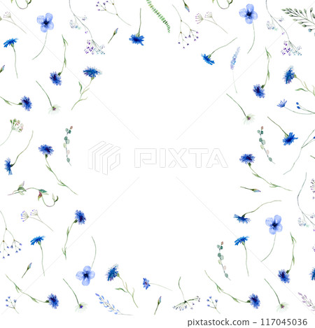 Frame made with Watercolor blue cornflowers and wildflowers, wedding isolated illustration Frame made with Watercolor blue cornflowers and wildflowers, wedding isolated illustration 117045036