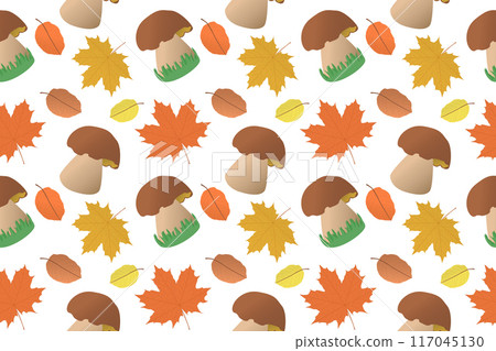 Autumn Pattern with Mushrooms and Leaves 117045130