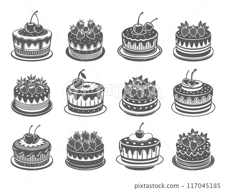 Set of hand drawn cherry and strawberry cakes, engraving, baking silhouettes. Black and white illustration, icons 117045185