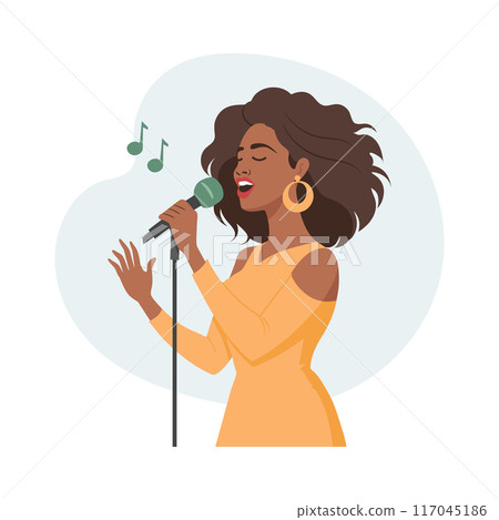 Beautiful young woman with microphone singing. Flat illustration, clip art 117045186