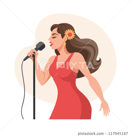 Beautiful young woman with microphone singing. Flat illustration, clip art 117045187