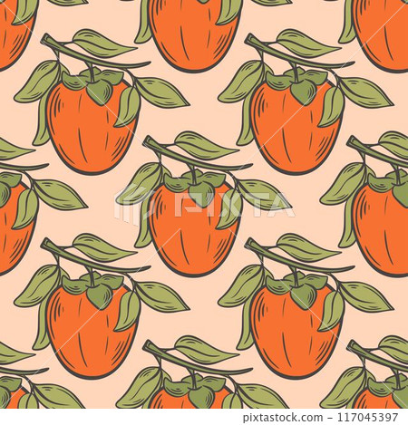 Colorful background with persimmon on branch with leaves Colorful background with persimmon on branch with leaves 117045397