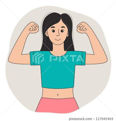 Young woman standing with raised arms demonstrating strength 117045403