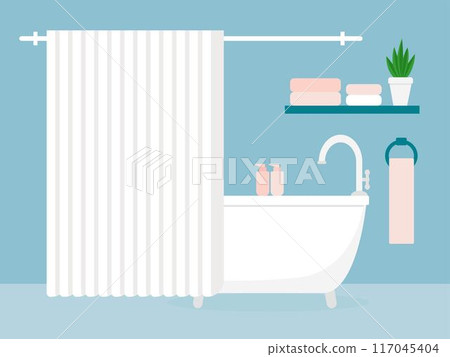 Bathroom with bathtub curtained with curtain, shelves and hygiene items 117045404