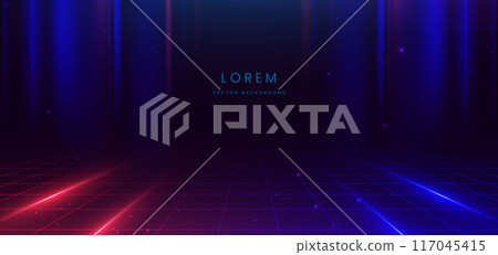 Stage neon red and dark blue light on dark background with lighting effect. 117045415